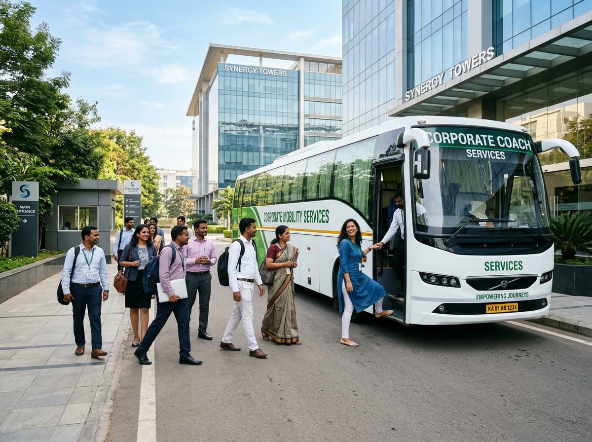 Corporate employees boarding modern bus outside office campus