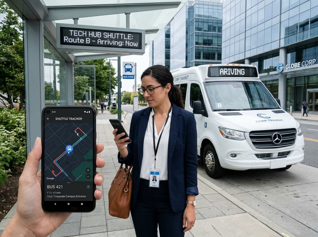 Corporate employee tracking bus arrival on smartphone app